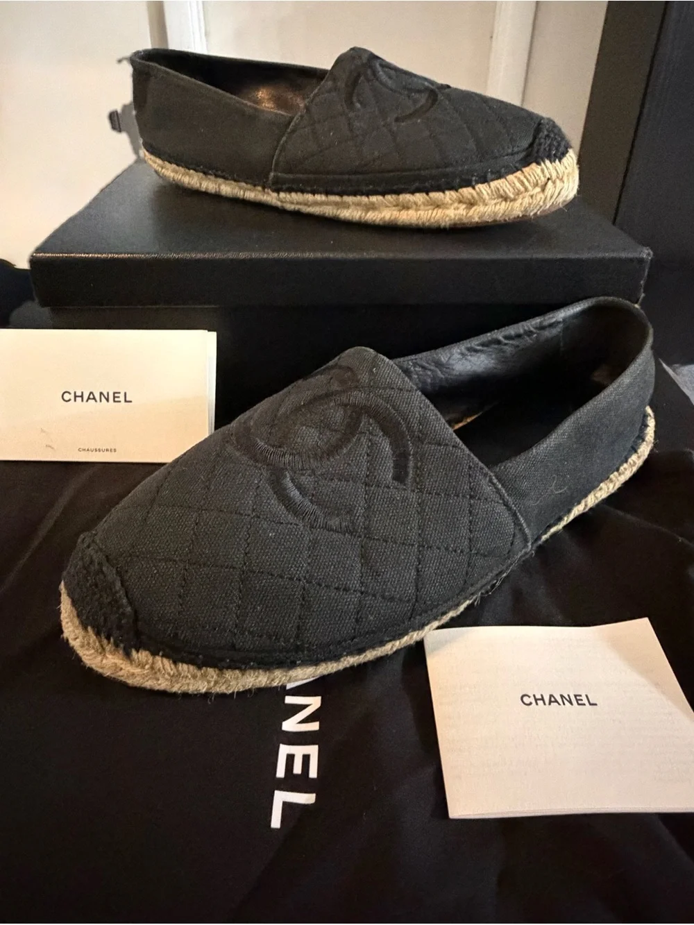 Authentic CHANEL Black Quilted Canvas Espadrilles with CC Motif